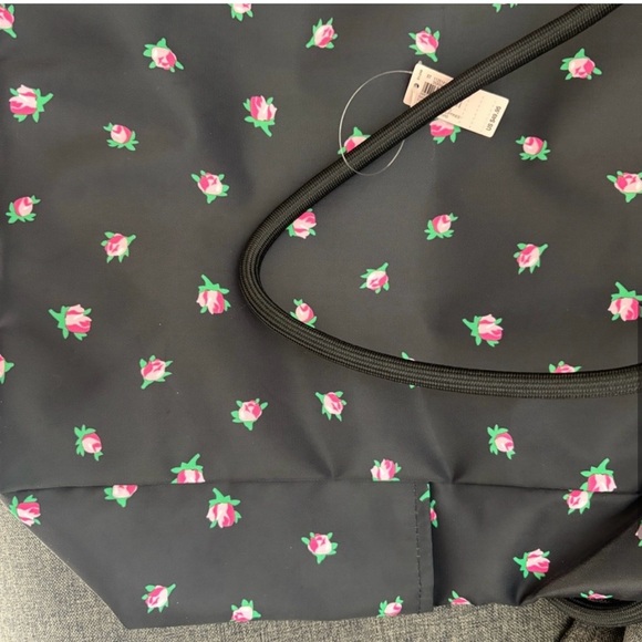 NWT Victorias Secret REVERSIBLE Tote Bag BLACK with Rose Graphic/Stripes - Picture 7 of 8